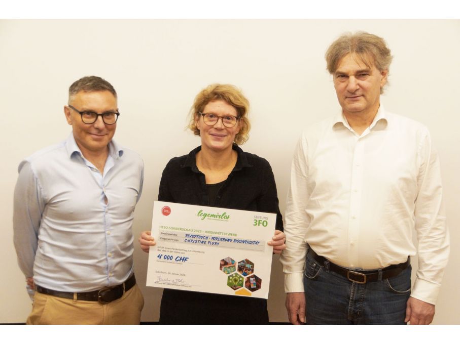 Die Gewinnerin Christine Flury mit zwei Jurymitgliedern (Martin Räber, Piazza Circulaire; Burkhard Behr, Stiftung 3FO).